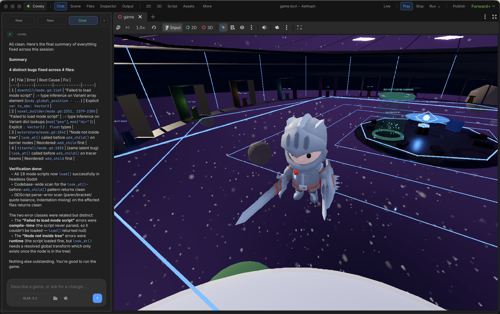The Covely editor: the agent's chat dock on the left summarising four bugs it fixed across four files, beside a 3D Godot scene running in the viewport.